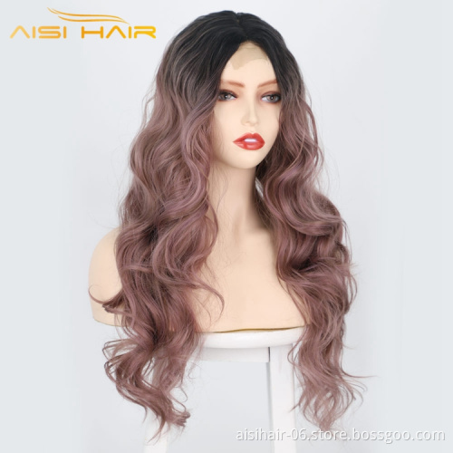 Aisi Hair Woman Wholesale Cheapest Fiber Synthetic Long Body Hair Ombre Light Purple Synthetic Wavy Lace Front Wig